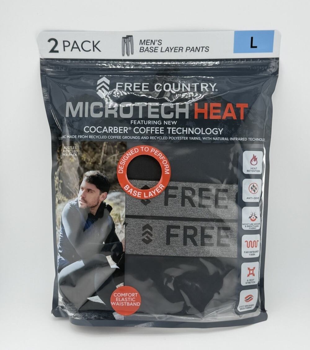 Free Country Microtech Heat Base Layer Pant Men's Large Black Stretch -Pack of 2